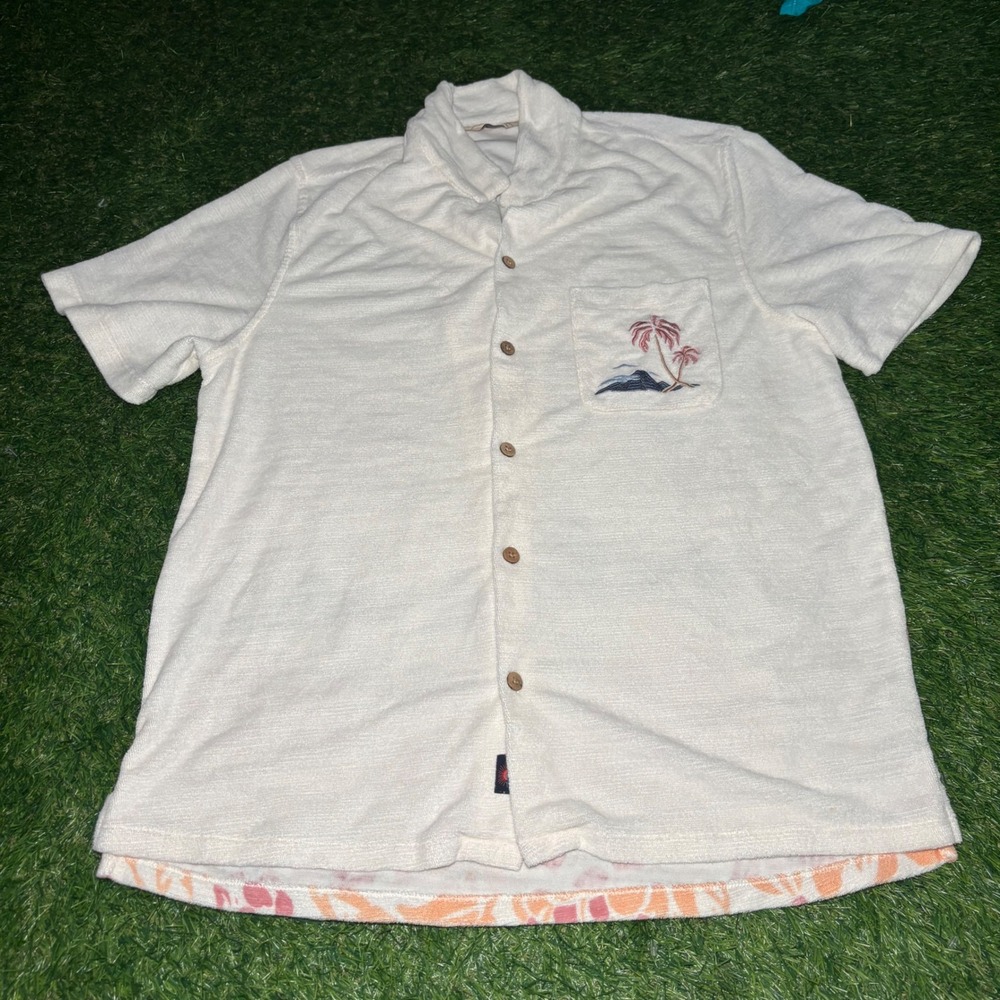 Faherty Cabana Towel Terry Shirt Mens Large White Tropical Palm Tree Button Up